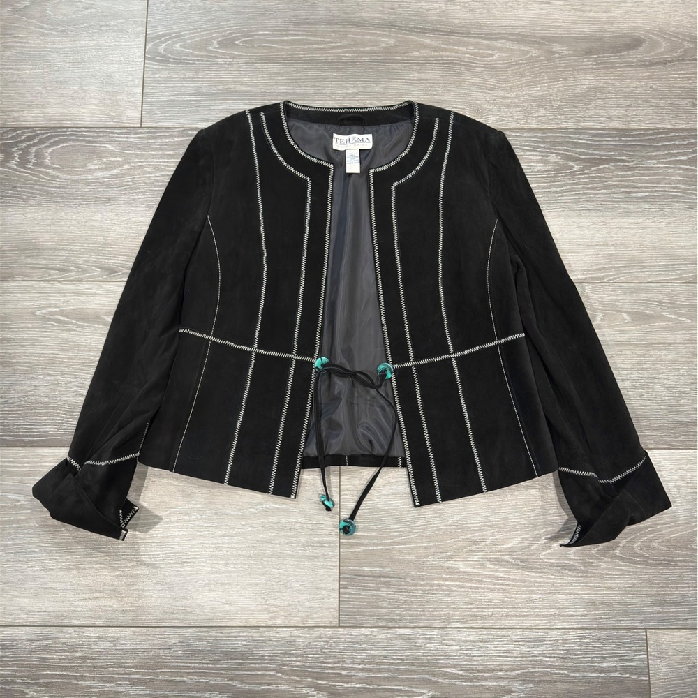 Tehama Nancy Haley Black Suede Leather Jacket White Stitching Turquoise Bead M